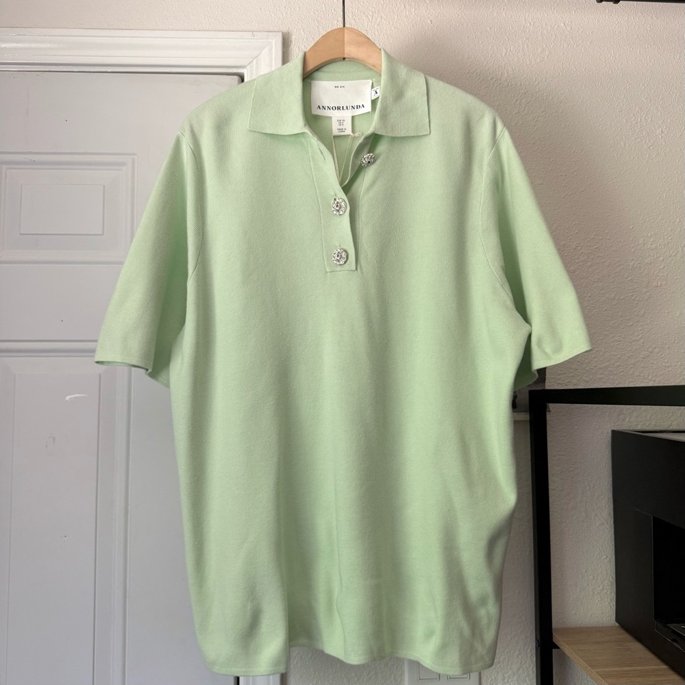 NWT ANNORLUNDA green crystal button boxy oversized polo popover sweater tee top